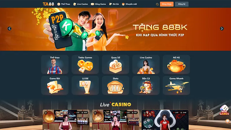 Giao diện website TA88 với thiết kế hiện đại, hỗ trợ cá cược thể thao và live casino
